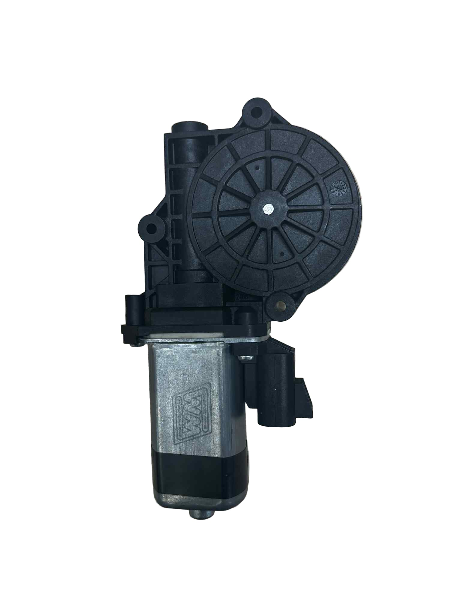 24 Volt Mack Truck window motor on a white background with a WM windowmotor logo.