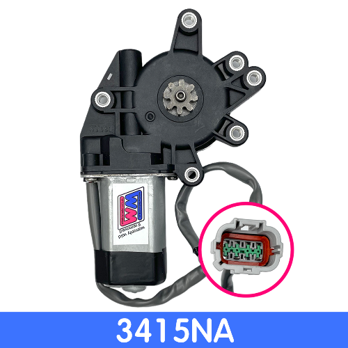 A black and silver automotive window regulator motor with a gray cable and a circular inset showing a 6-pin connector, on a white background with a blue label reading 3415NA.