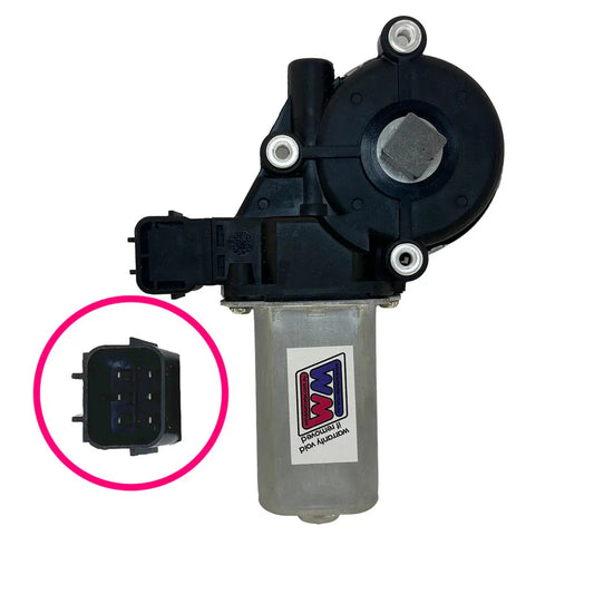 Car window motor with a close-up of a connector on a white background