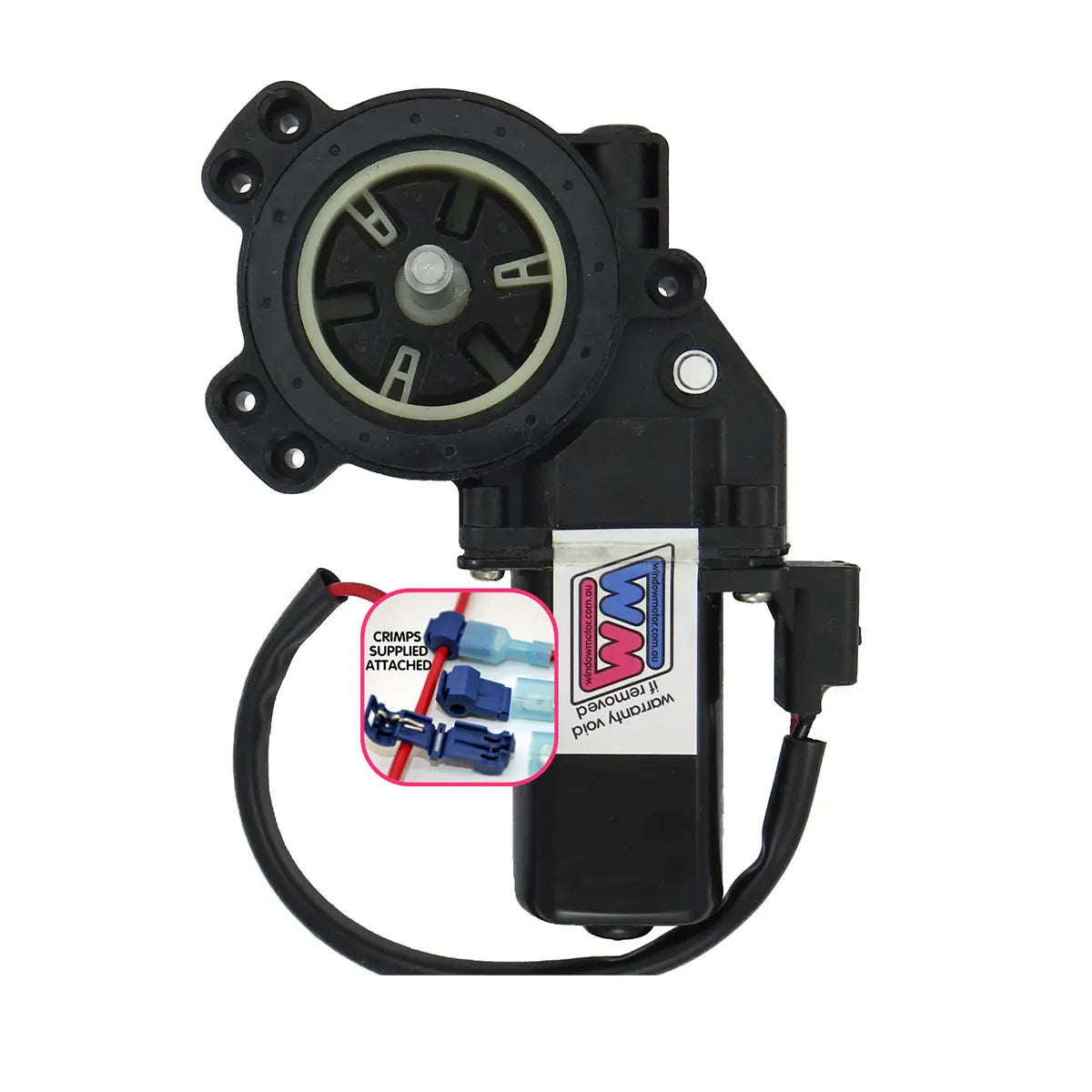 12volt black power window motor on a white background. White sticker with WM logo on motor body. L#RVMQ product code. Suits D40 Navara spanish built.
