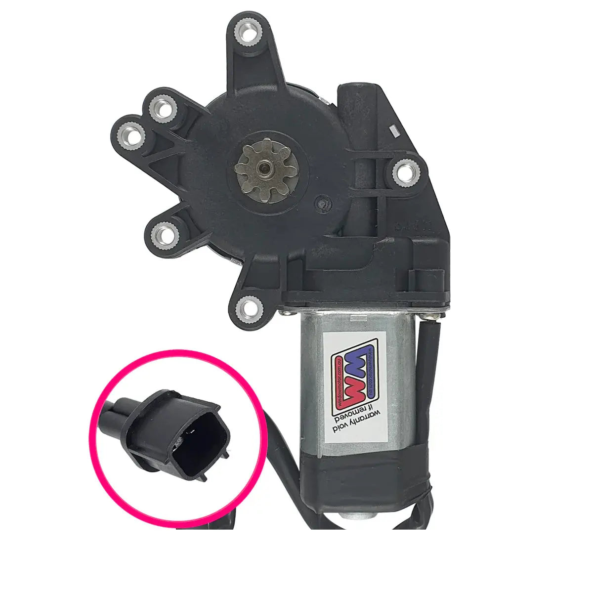 Car window motor with 2 pin plug. windowmotor.com.au sticker on a white background.