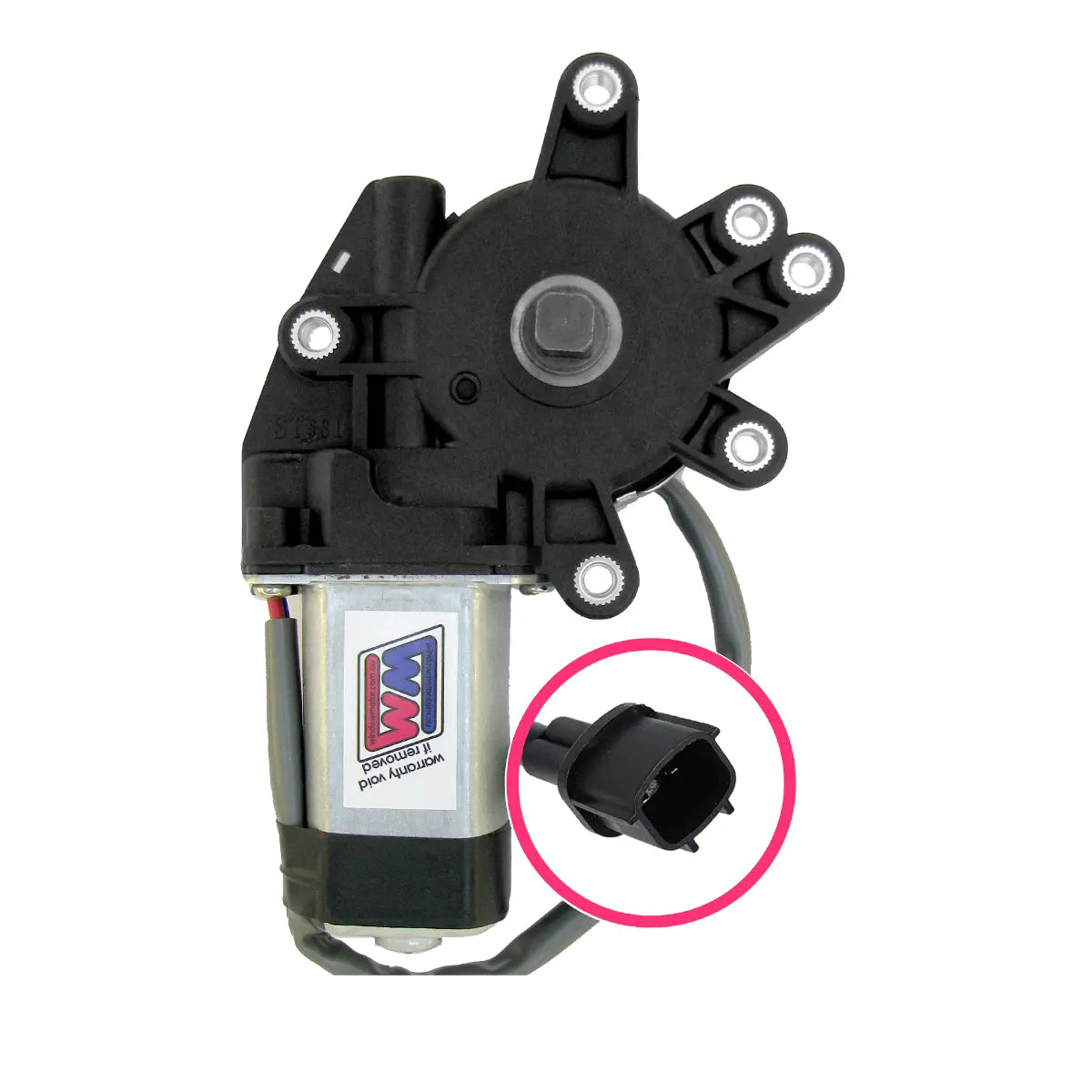Car window motor with WM logo on a white background