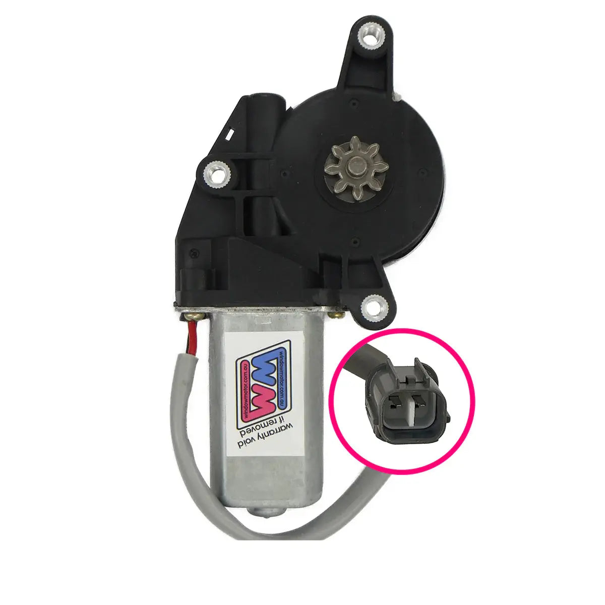 Subaru Tribeca B9 Window Motor on White background, windowmotor.com.au logo and plug.