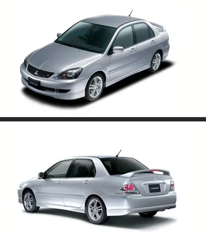 Silver car shown from front and side views on a white background