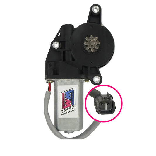 Subaru Tribeca B9 Window Motor on White background, windowmotor.com.au logo and plug.